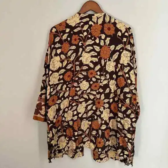 Soft Surroundings Open Front Lightweight Cardigan Kimono Brown Cream Floral - Picture 2 of 4